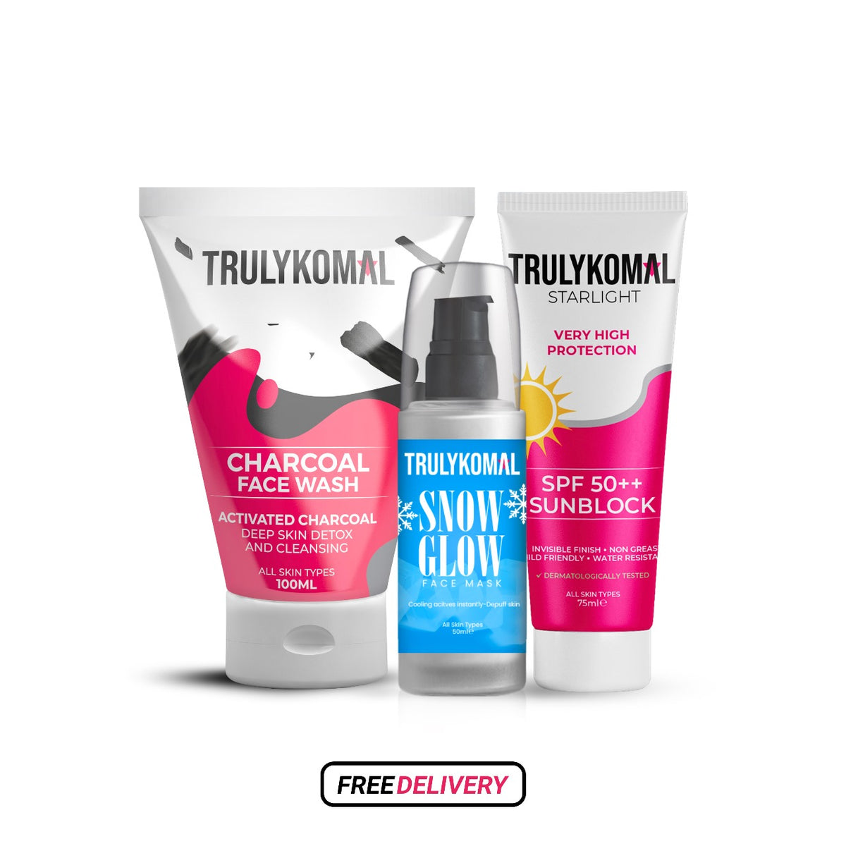 Detox, Glow & Protect: Charcoal Facewash, Snow Glow Mask & Sunblock - Truly Komal